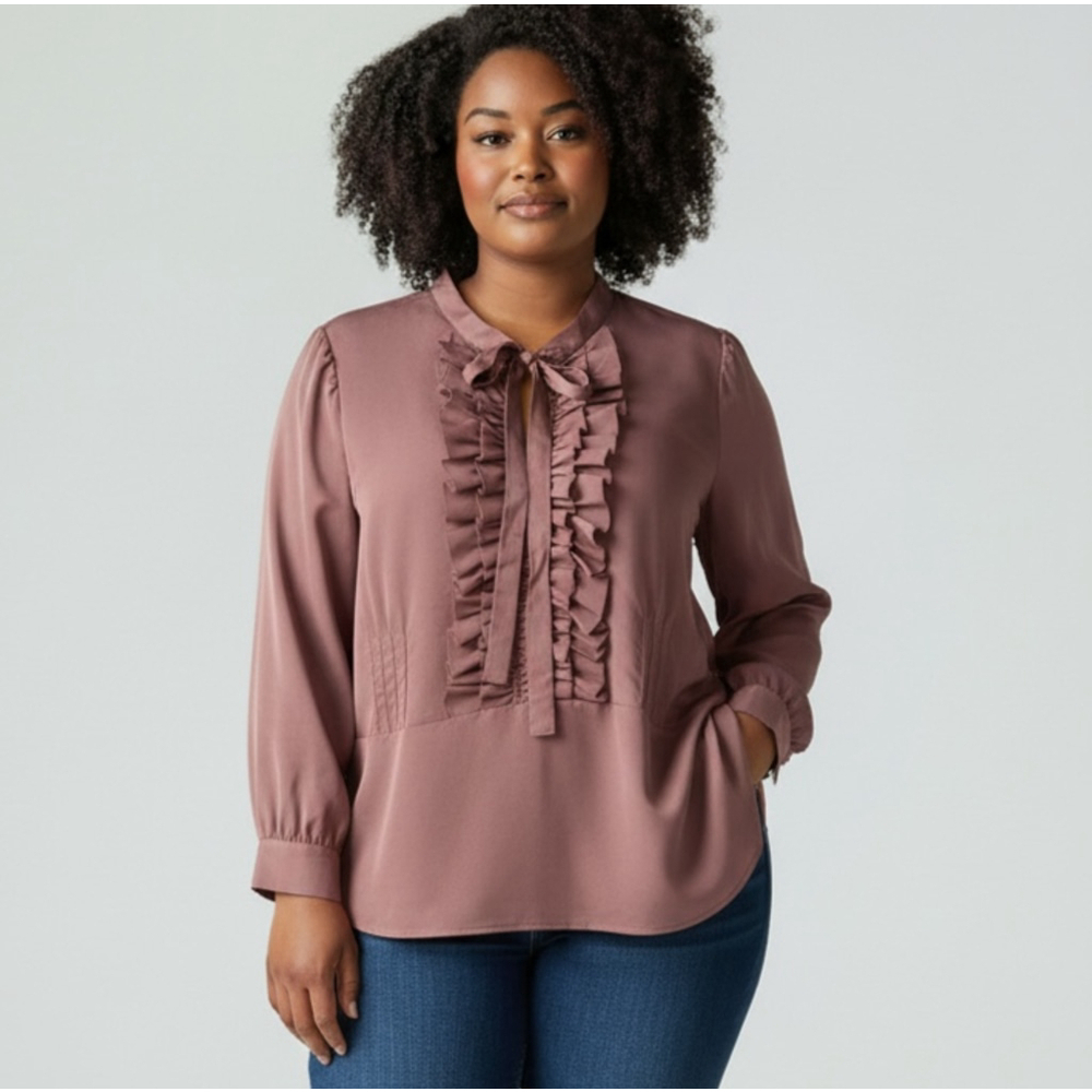 Eloquii Mauve Ruffle Front Bow Neck Long Sleeve Blouse Size 20